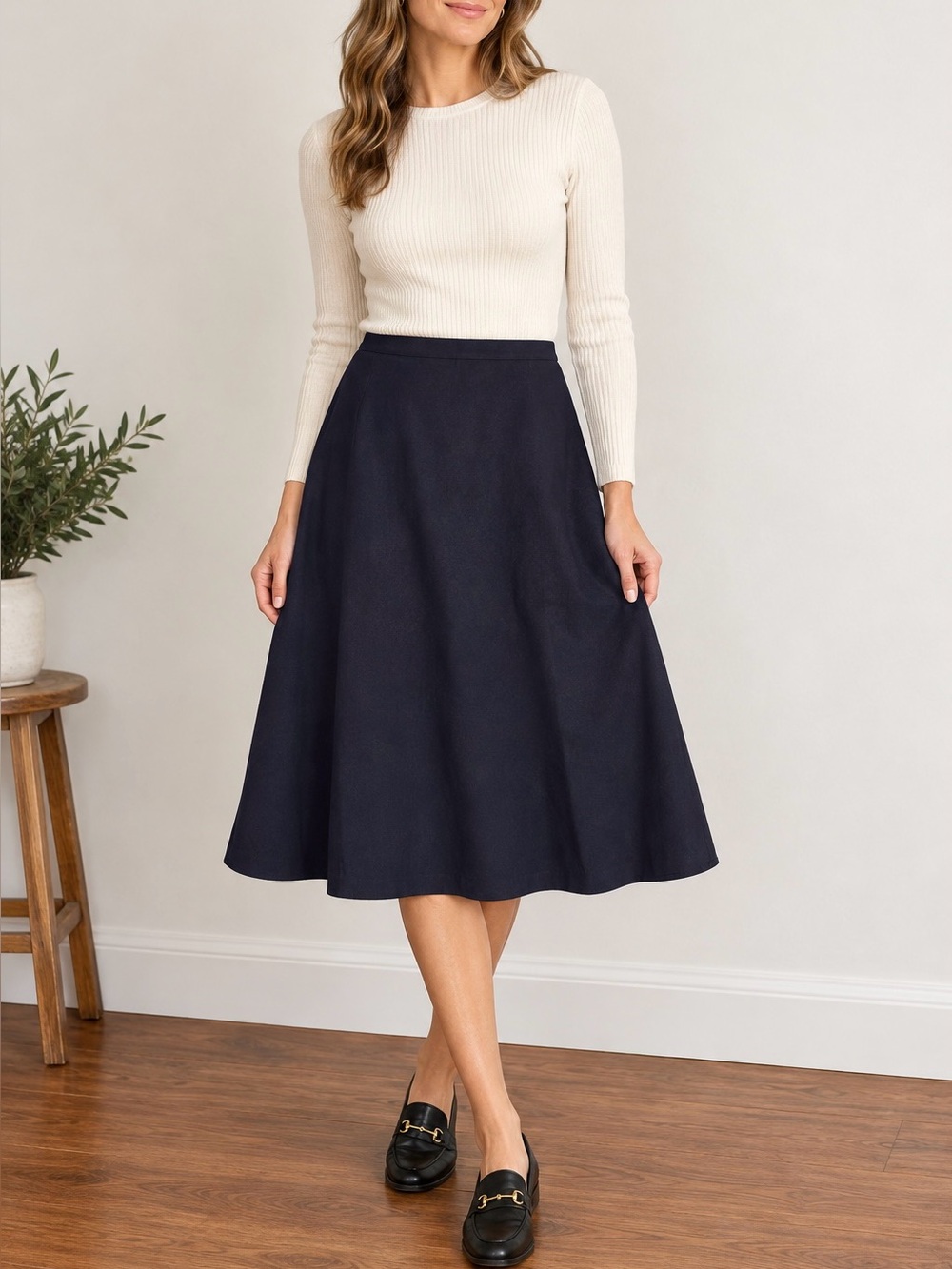 Vintage Austin Reed 100% Worsted Wool Skirt Sz 14 A Line Flare Midi Navy